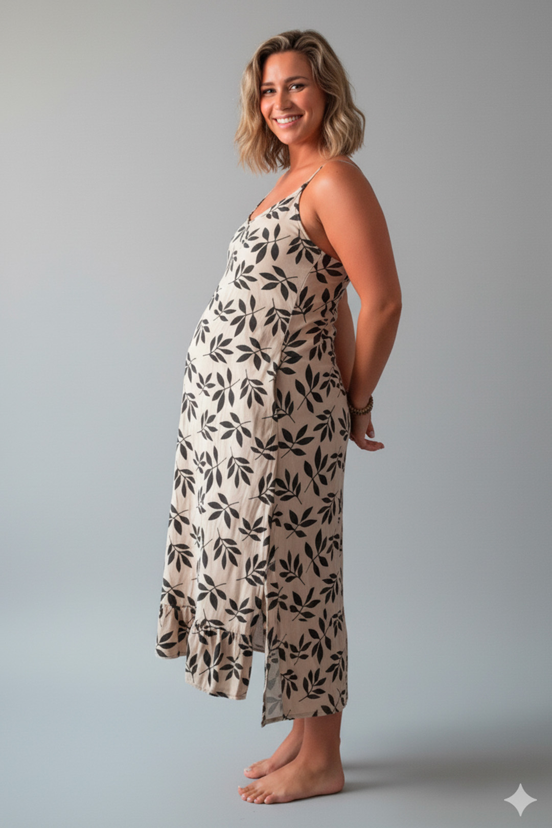 Vestido Maternal Tiritas Broche y Top Lactancia, CremaFloresNegras 4