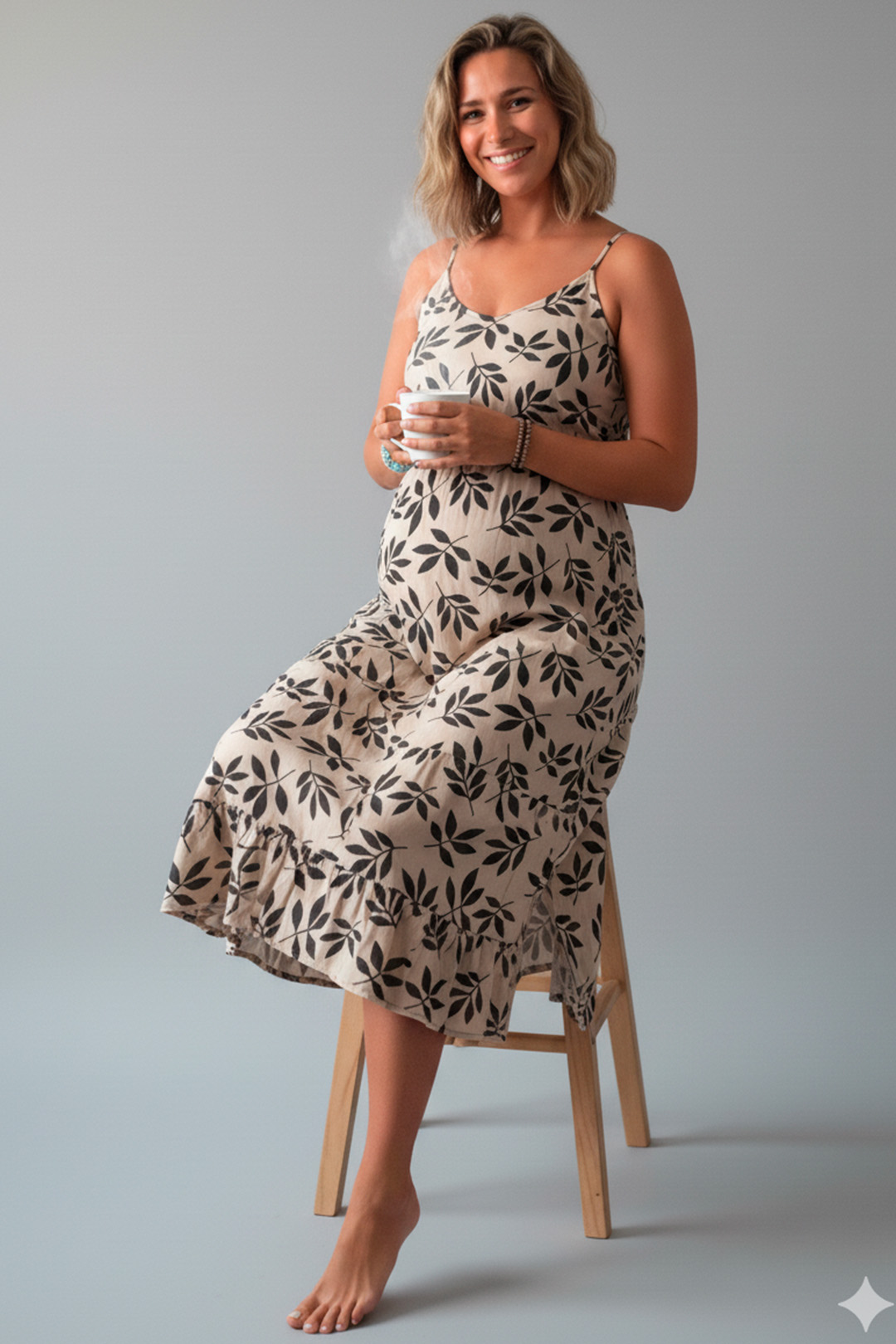 Vestido Maternal Tiritas Broche y Top Lactancia, CremaFloresNegras 7