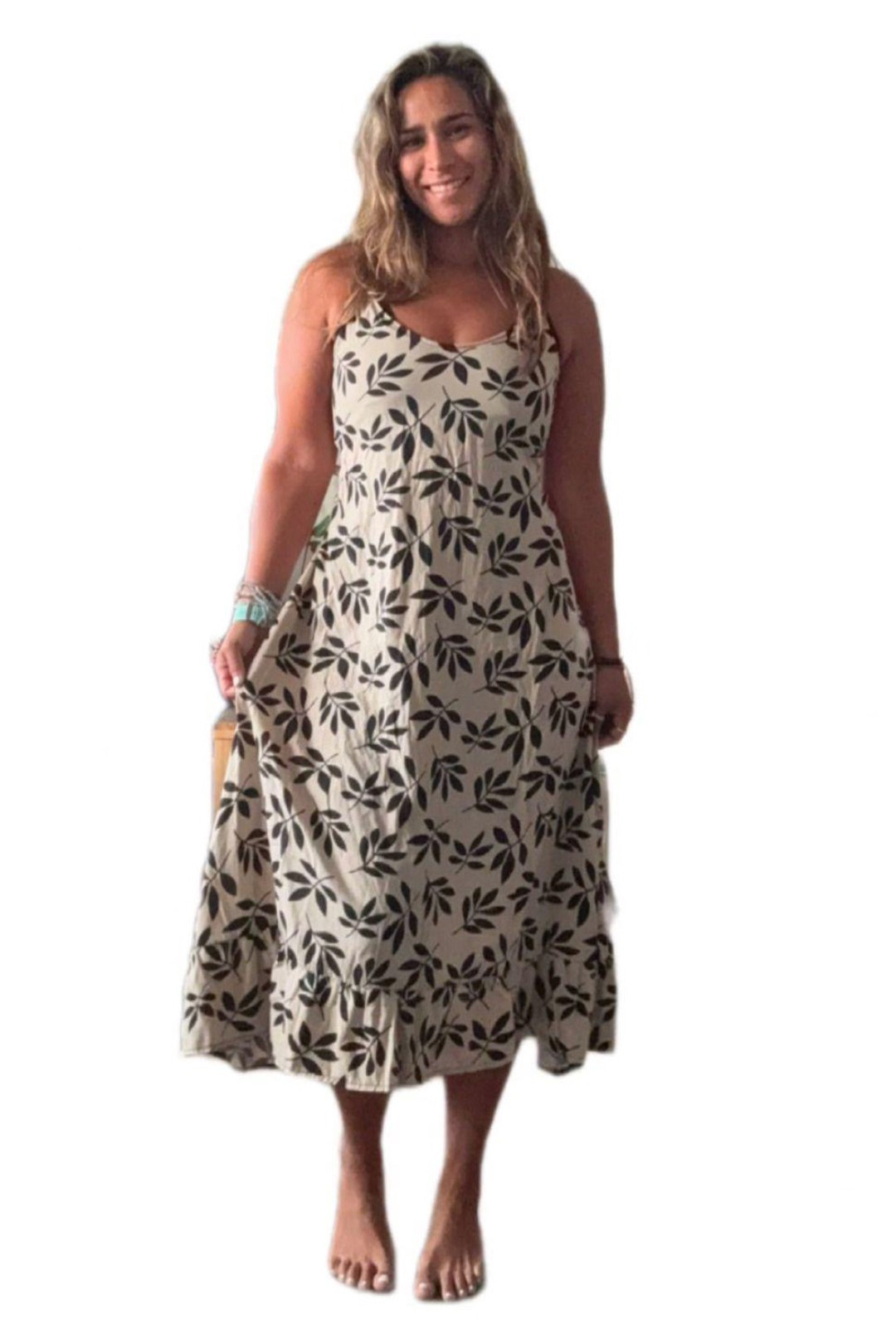 Vestido Maternal Tiritas Broche y Top Lactancia, CremaFloresNegras 14