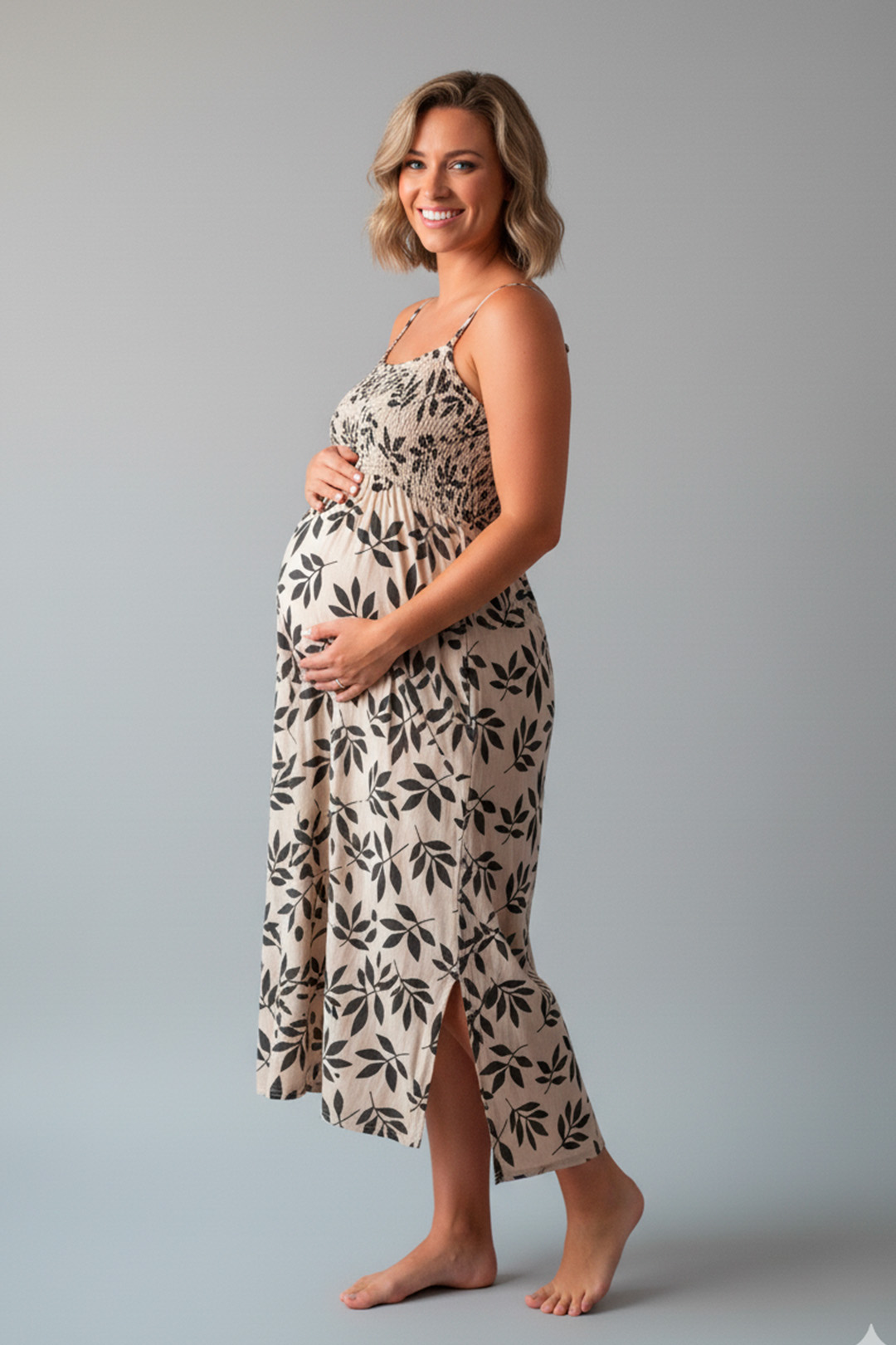 Vestido Maternal Tiritas Broche y Top Lactancia, CremaFloresNegras 3