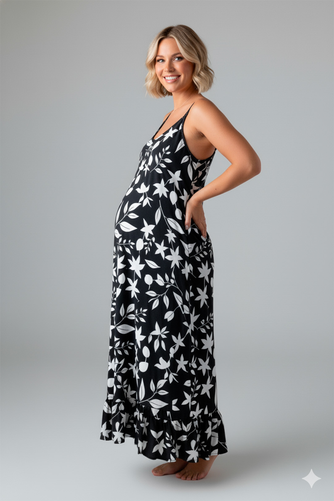 Vestido Maternal Tiritas Broche y Top Lactancia, NegroFloresBlanca 1