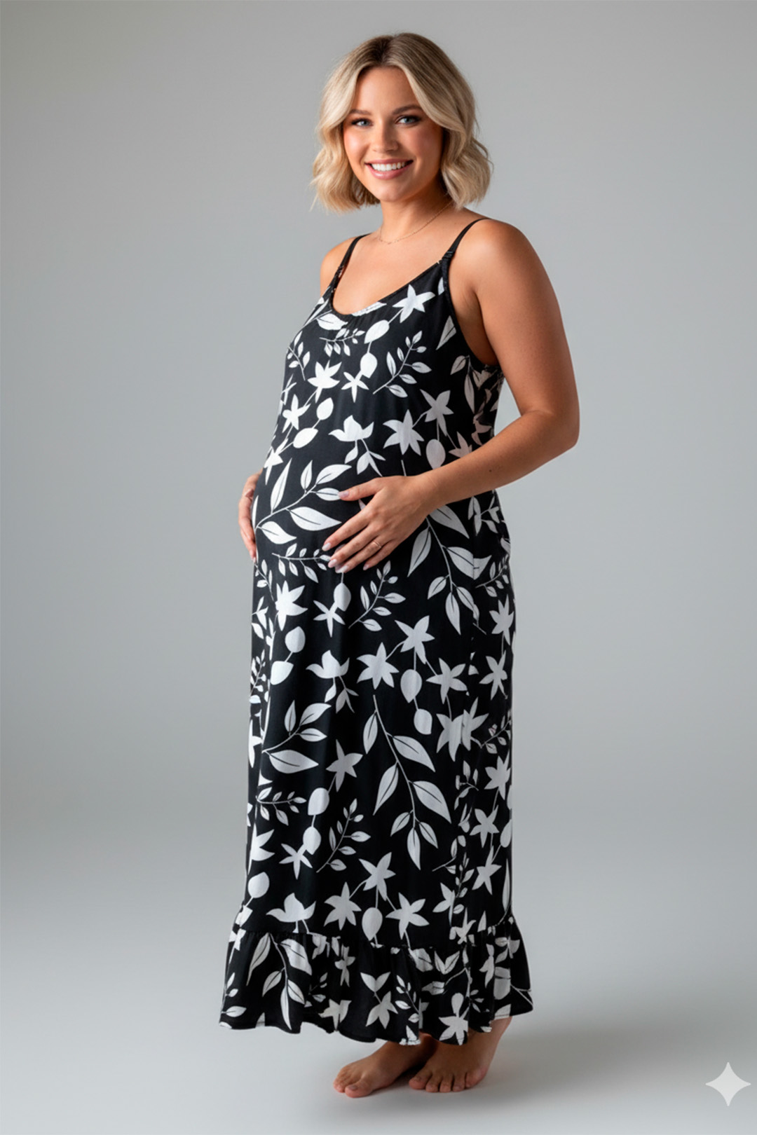 Vestido Maternal Tiritas Broche y Top Lactancia, NegroFloresBlanca 4