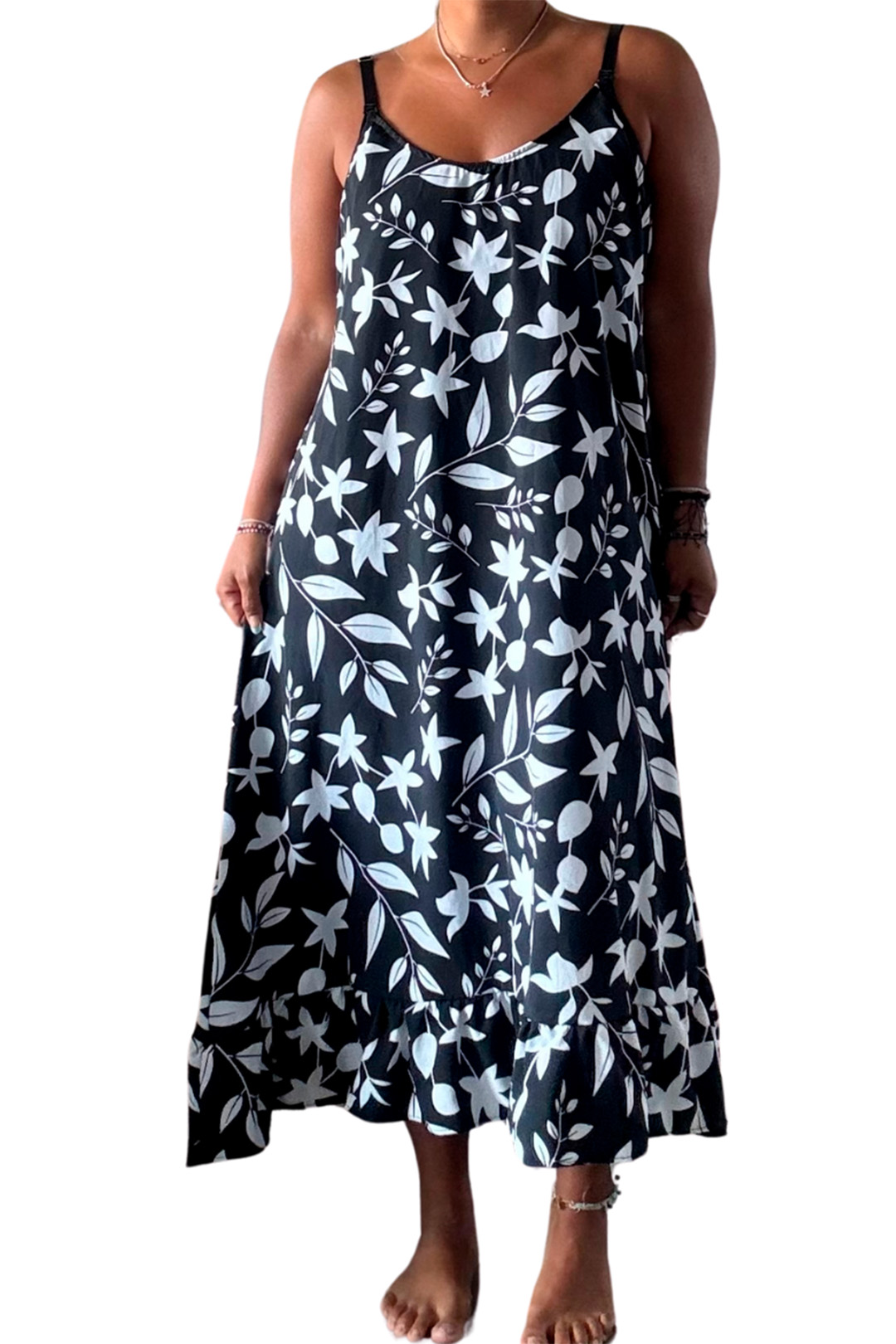 Vestido Maternal Tiritas Broche y Top Lactancia, NegroFloresBlanca 20