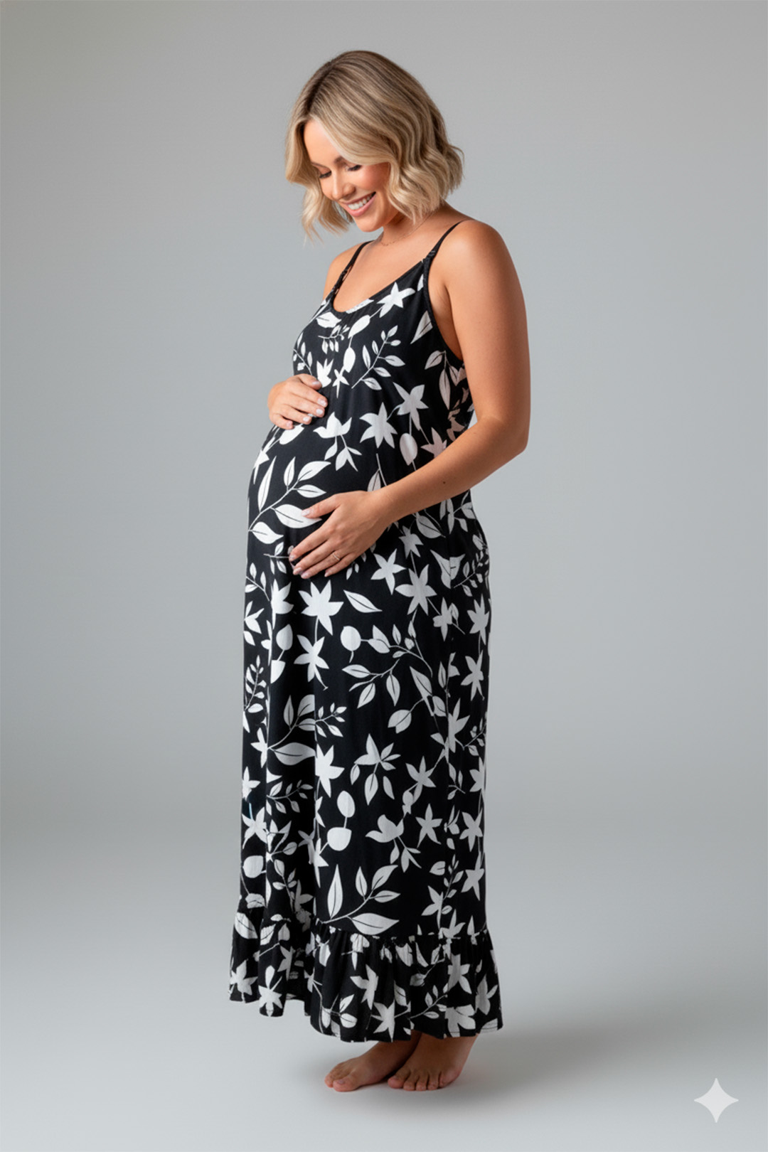 Vestido Maternal Tiritas Broche y Top Lactancia, NegroFloresBlanca 9