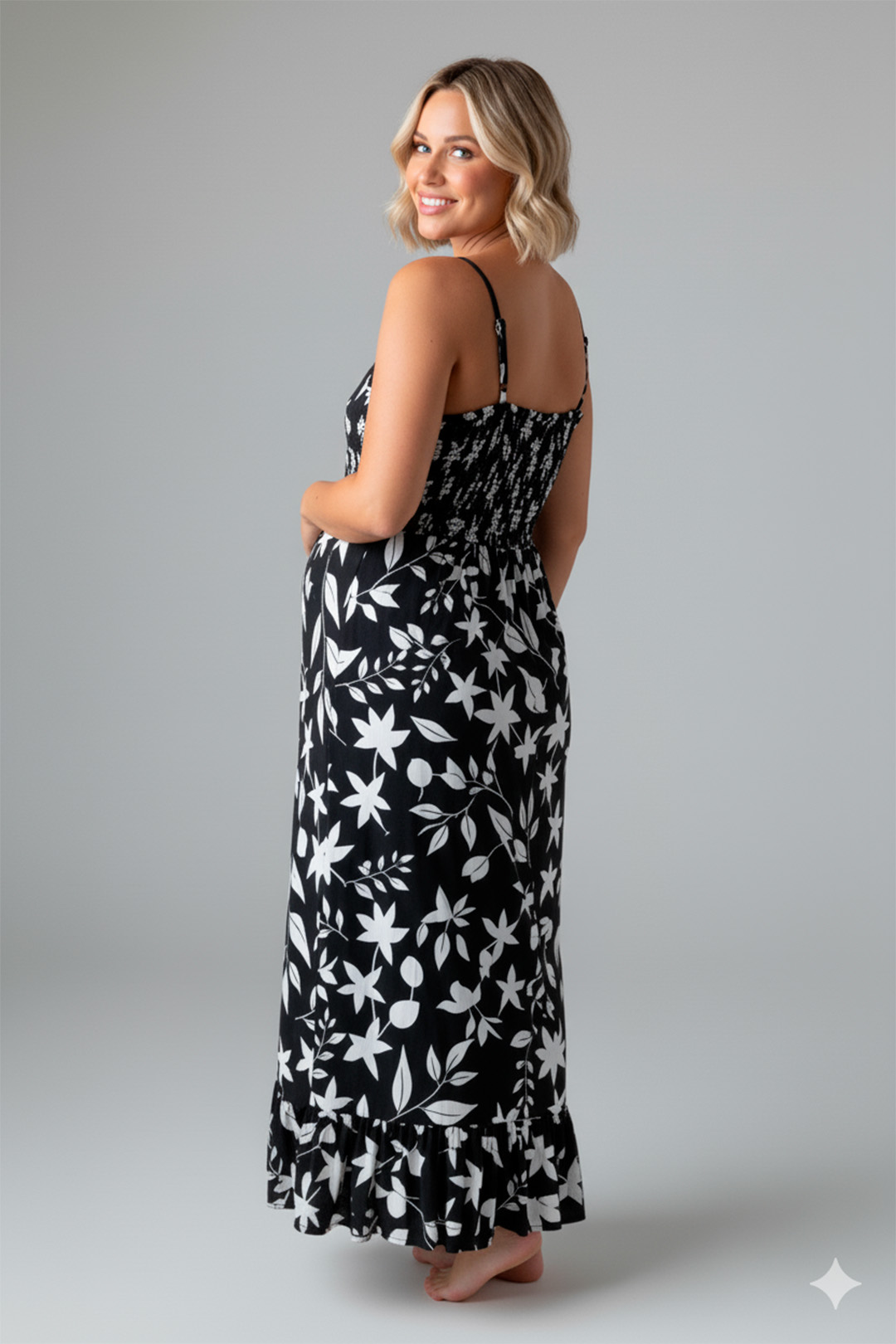 Vestido Maternal Tiritas Broche y Top Lactancia, NegroFloresBlanca 5