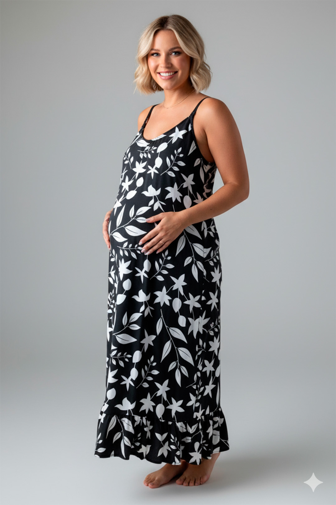 Vestido Maternal Tiritas Broche y Top Lactancia, NegroFloresBlanca 15