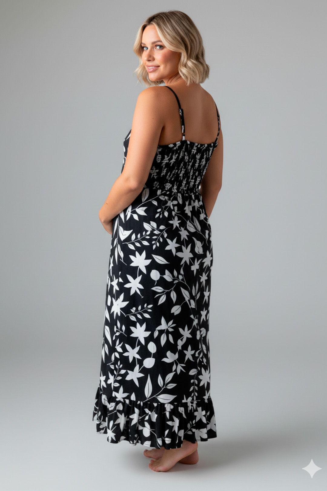 Vestido Maternal Tiritas Broche y Top Lactancia, NegroFloresBlanca 8