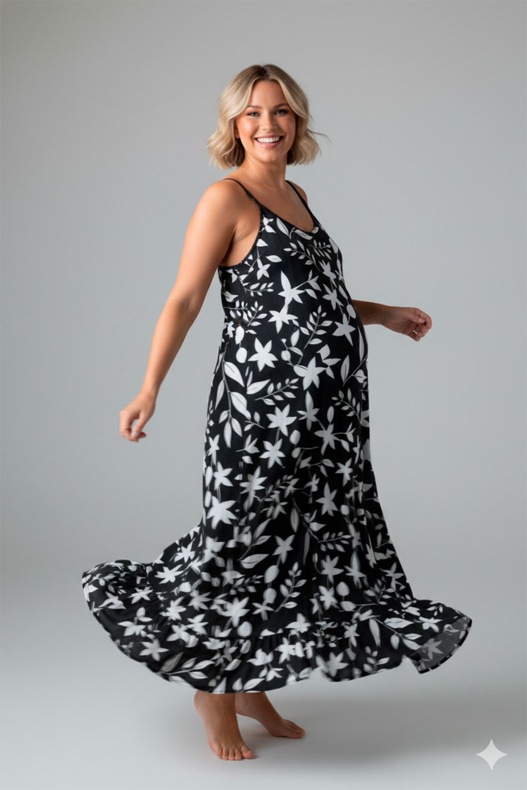 Vestido Maternal Tiritas Broche y Top Lactancia, NegroFloresBlanca 11