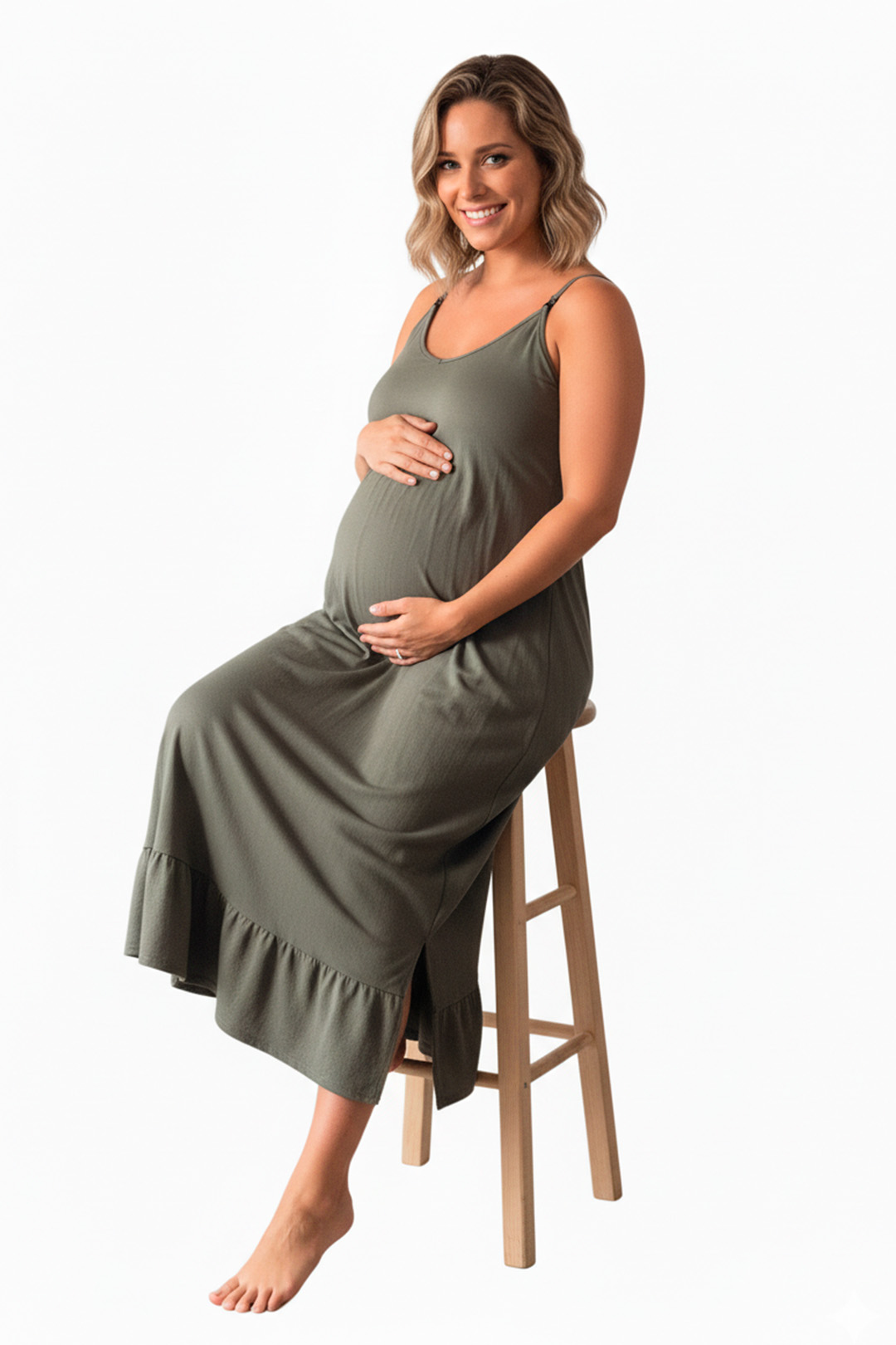 Vestido Maternal Tiritas Broche y Top Lactancia, VerdeClaro 5