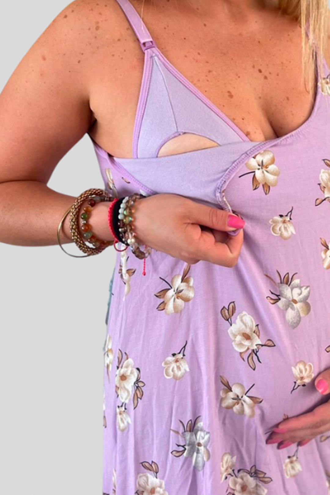 Vestido Maternal Tiritas Broche y Top Lactancia, VioletaFloreado 14