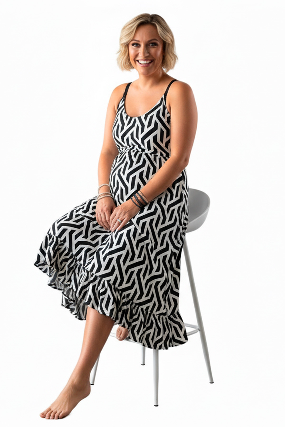 Vestido Maternal Tiritas Broche y Top Lactancia, NegroBlancoRayas 8