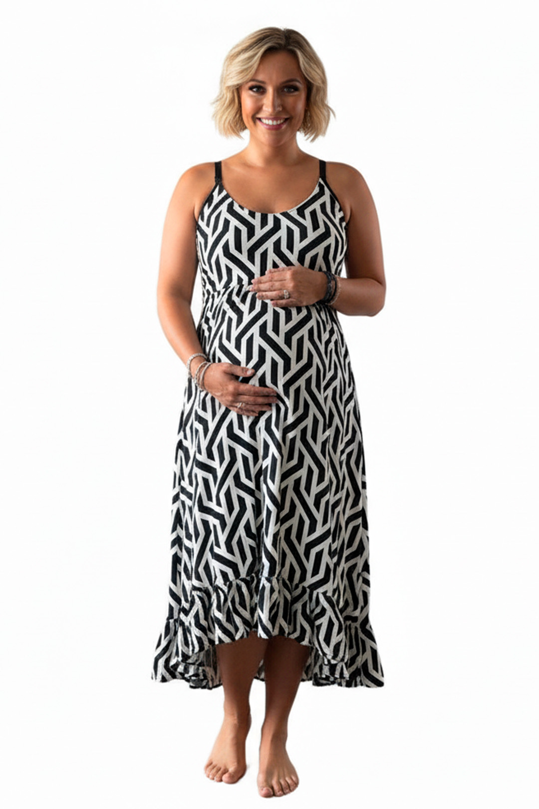 Vestido Maternal Tiritas Broche y Top Lactancia, NegroBlancoRayas 5