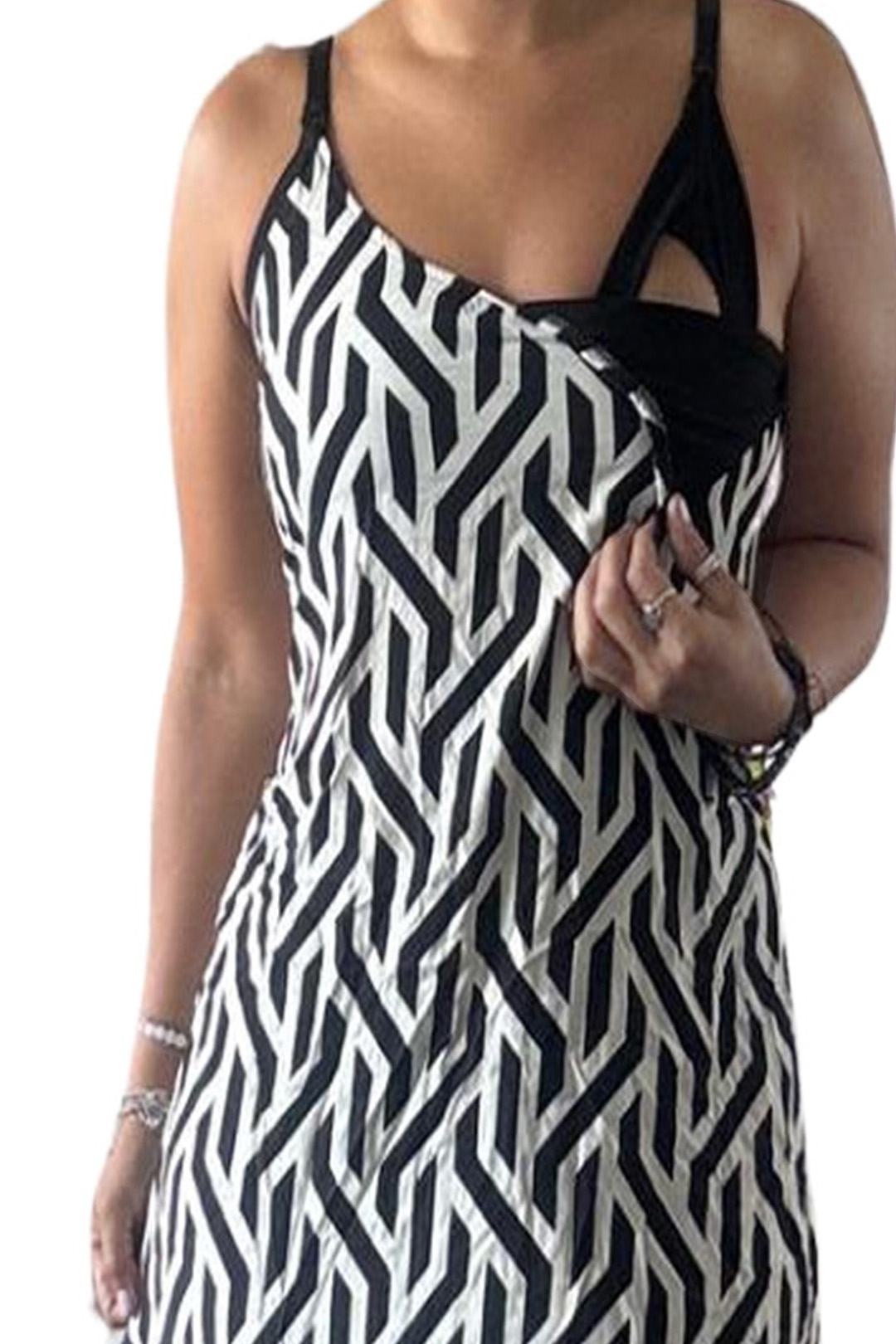 Vestido Maternal Tiritas Broche y Top Lactancia, NegroBlancoRayas 11