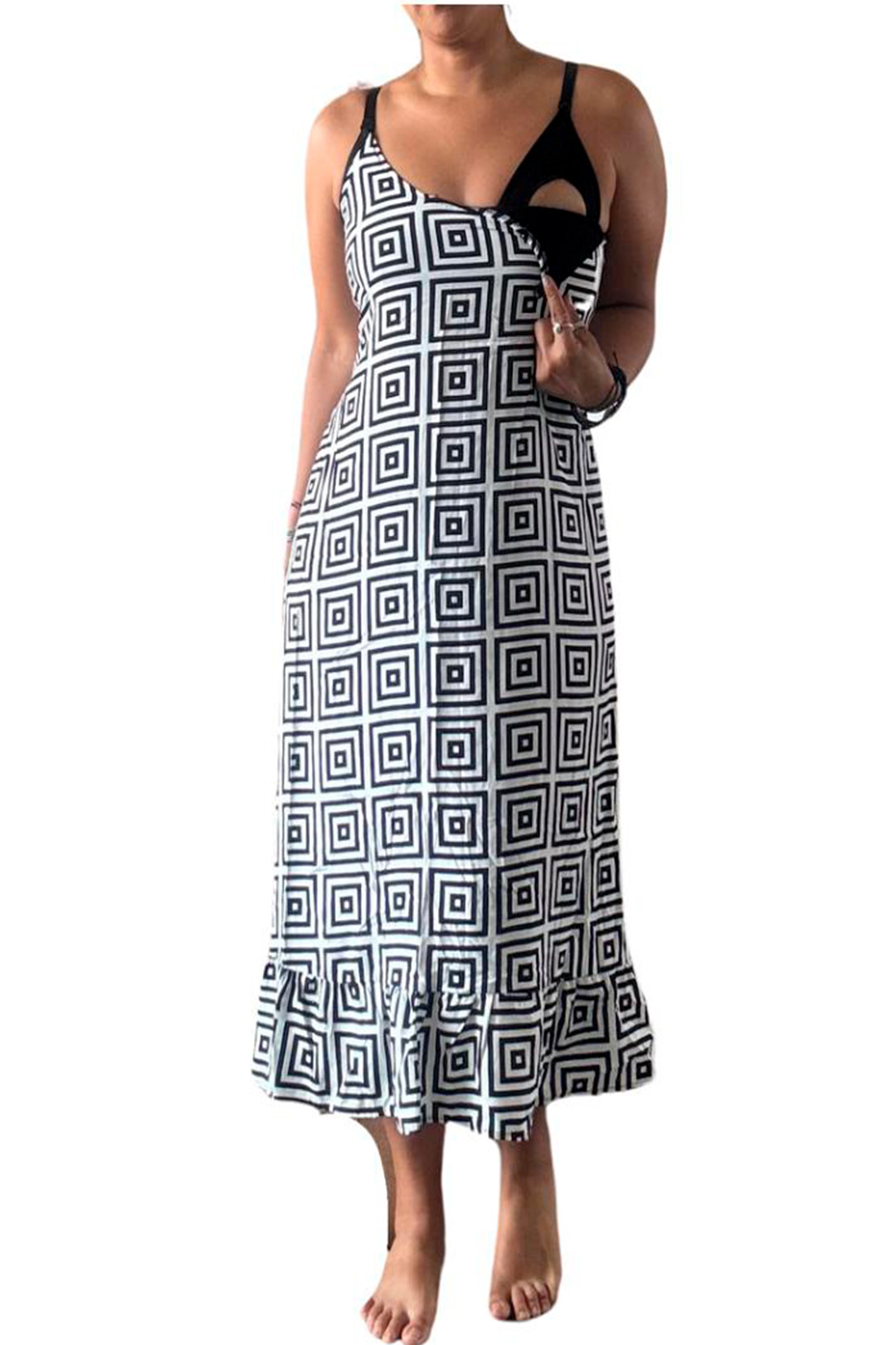 Vestido Maternal Tiritas Broche y Top Lactancia, GrisCuadradoBlancoNegro 4