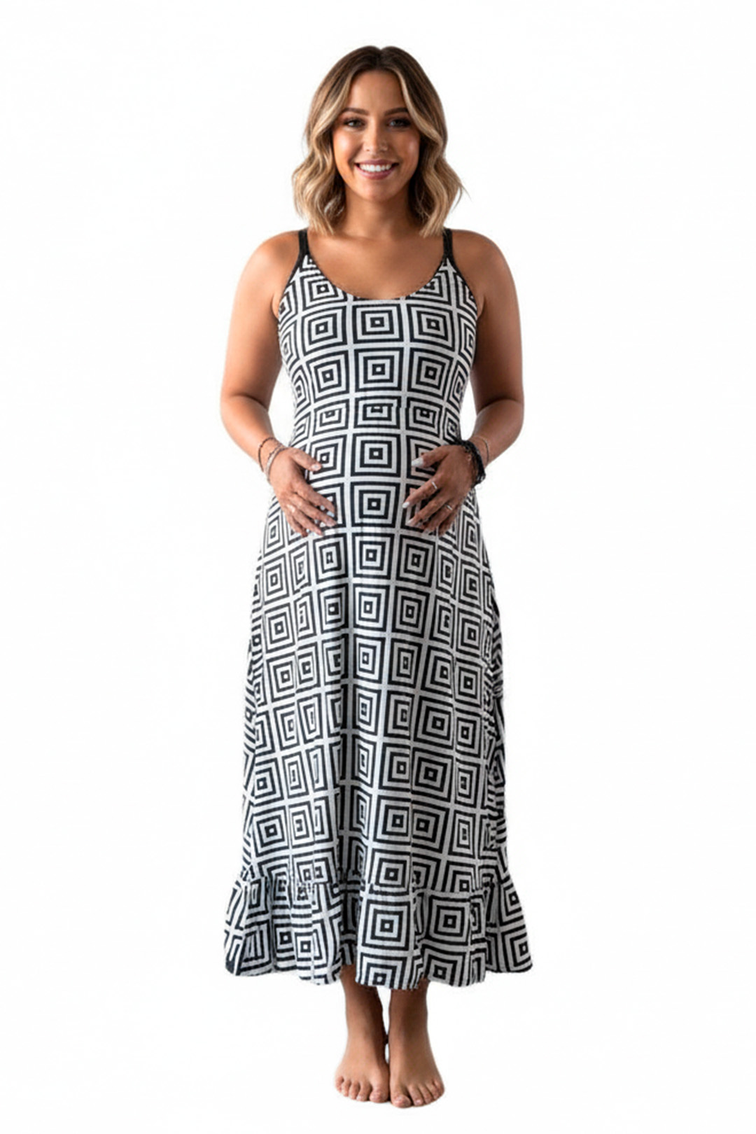 Vestido Maternal Tiritas Broche y Top Lactancia, GrisCuadradoBlancoNegro 1