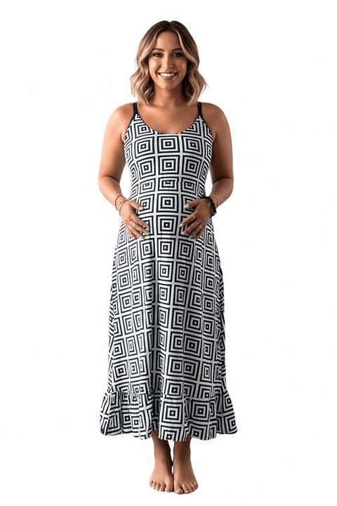 Vestido Maternal Tiritas Broche y Top Lactancia, GrisCuadradoBlancoNegro