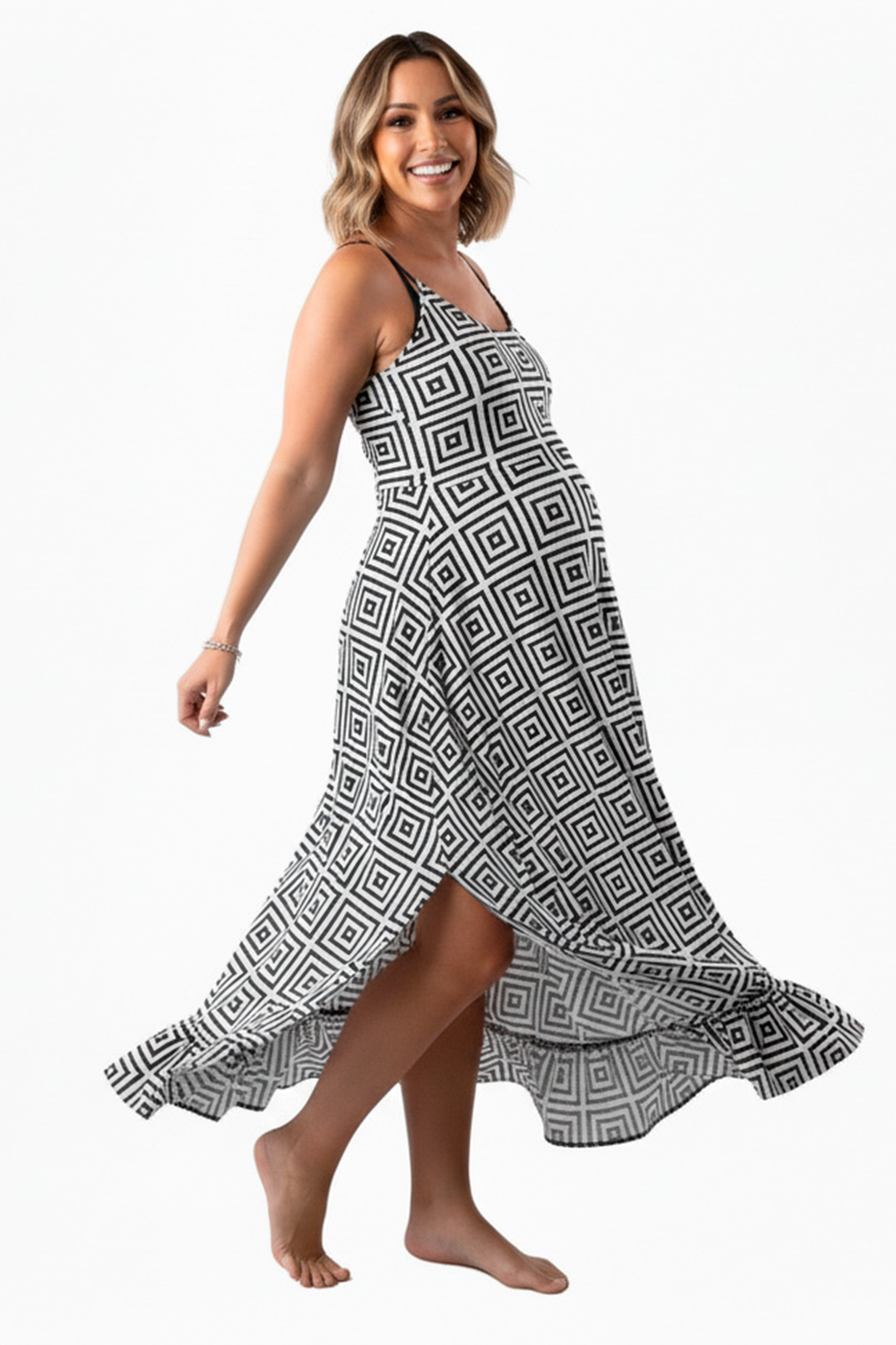 Vestido Maternal Tiritas Broche y Top Lactancia, GrisCuadradoBlancoNegro 8