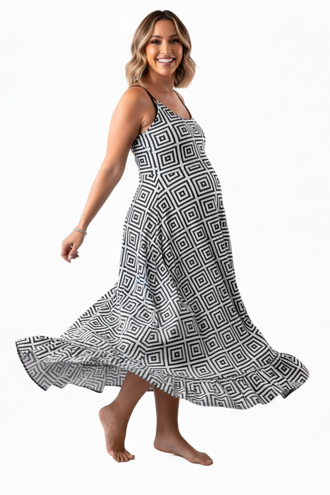 Vestido Maternal Tiritas Broche y Top Lactancia, GrisCuadradoBlancoNegro 9