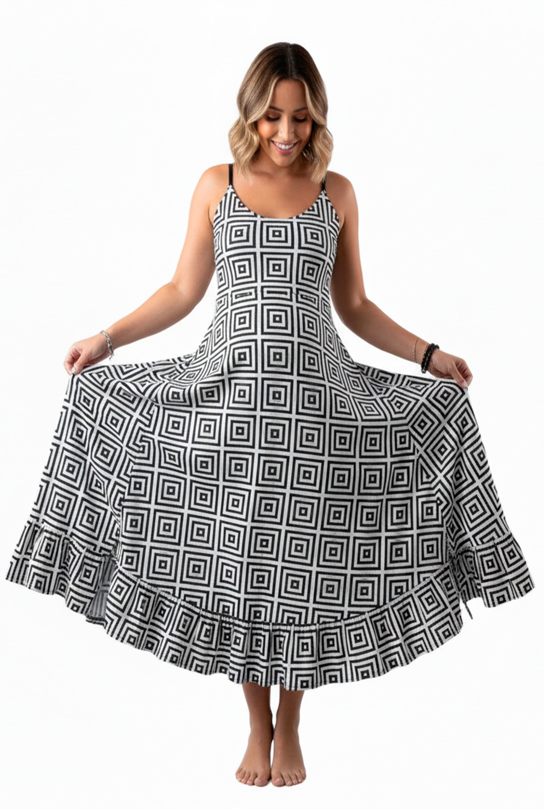 Vestido Maternal Tiritas Broche y Top Lactancia, GrisCuadradoBlancoNegro 10