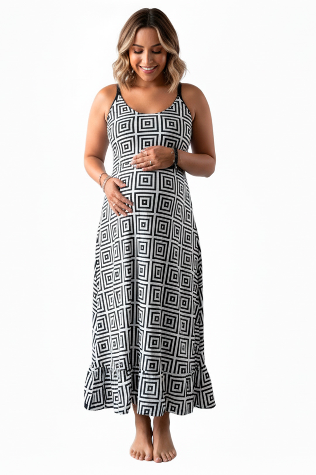 Vestido Maternal Tiritas Broche y Top Lactancia, GrisCuadradoBlancoNegro 6