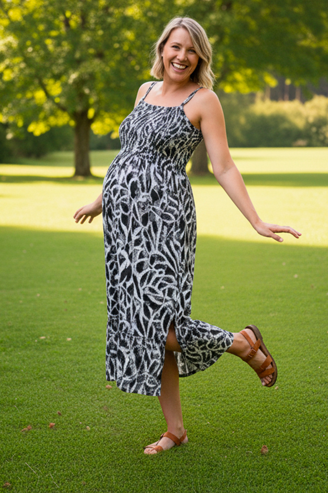 Vestido Maternal Tiritas Broche y Top Lactancia, BlancoFloresNegro 15