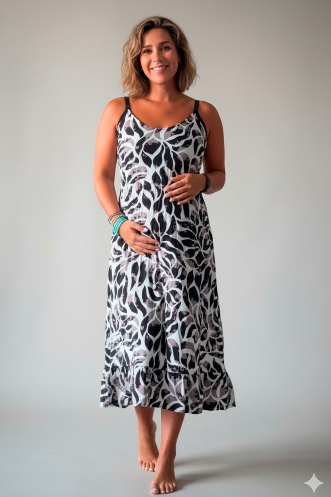 Vestido Maternal Tiritas Broche y Top Lactancia, BlancoFloresNegro 5