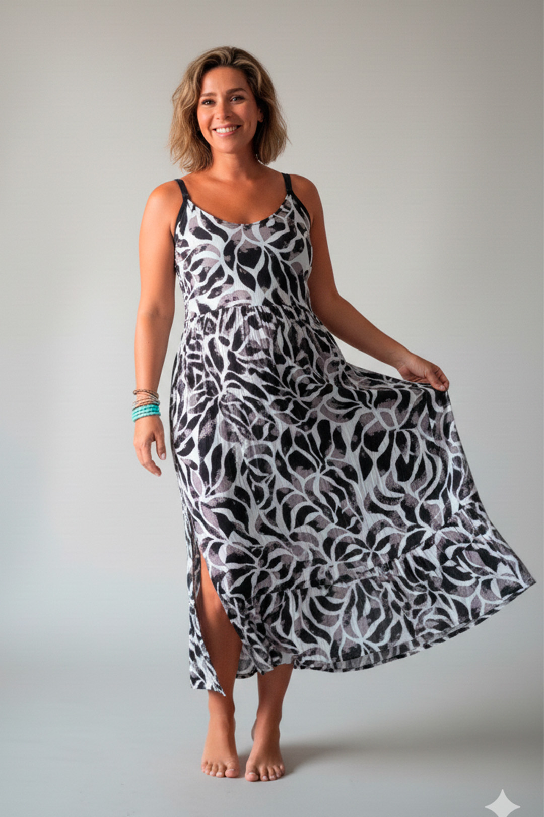 Vestido Maternal Tiritas Broche y Top Lactancia, BlancoFloresNegro 12