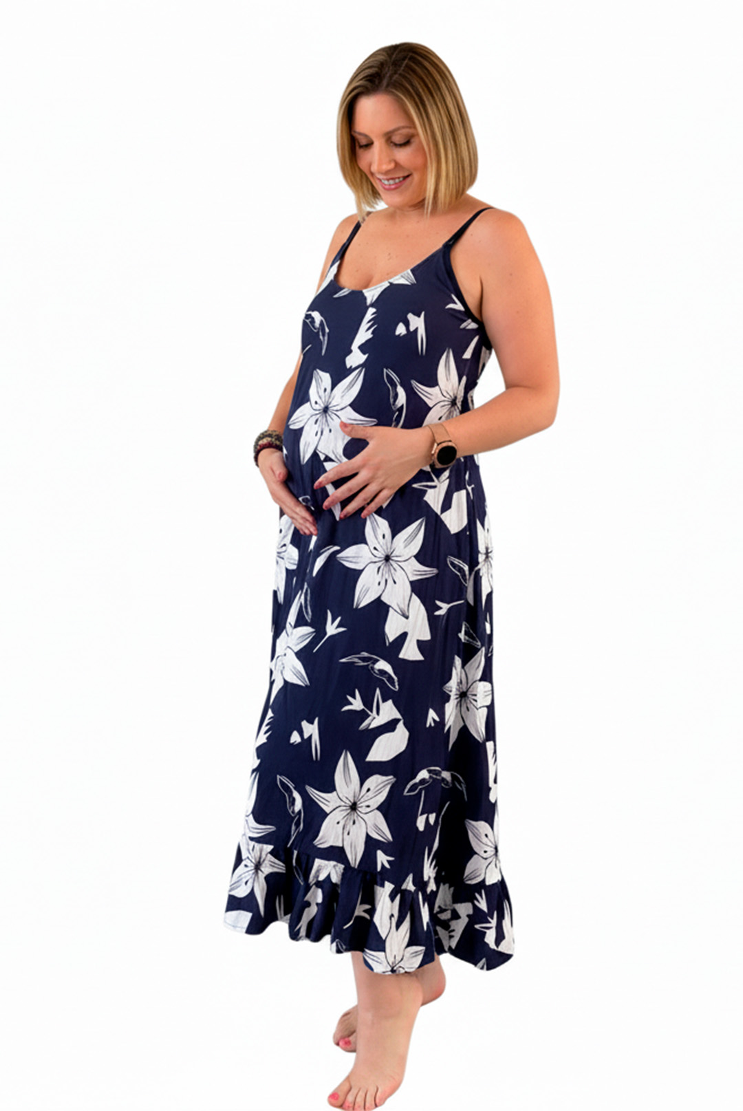 Vestido Maternal Tiritas Broche y Top Lactancia, AzulFloreado 2