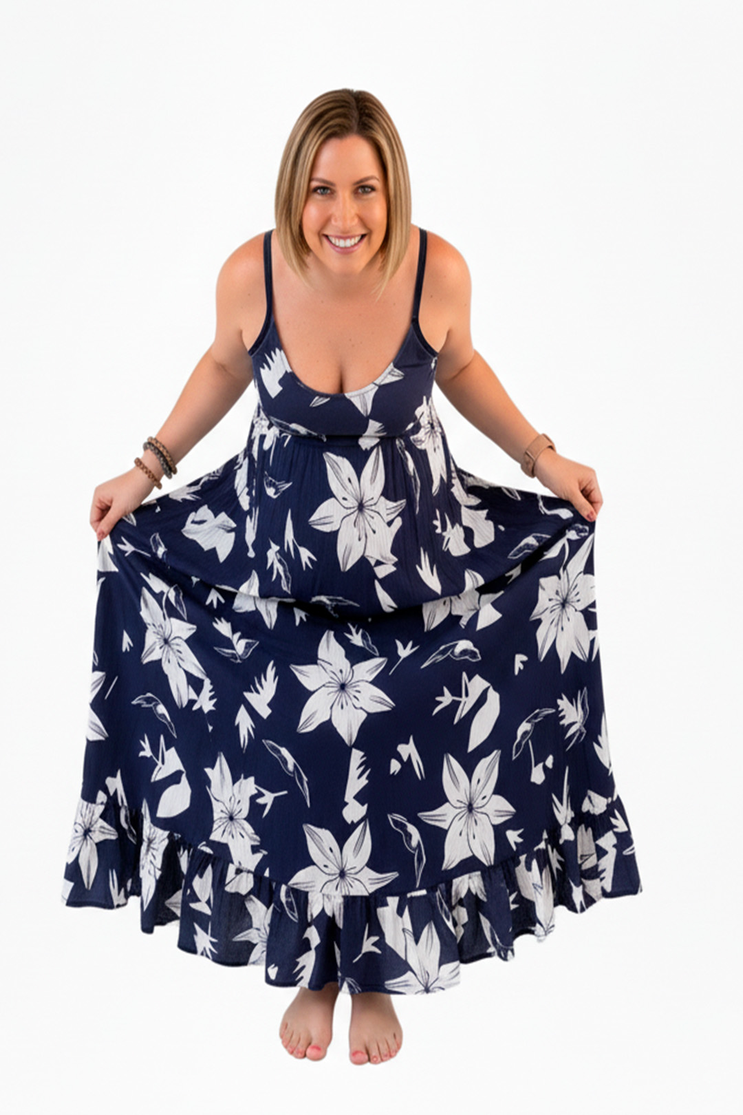 Vestido Maternal Tiritas Broche y Top Lactancia, AzulFloreado 11