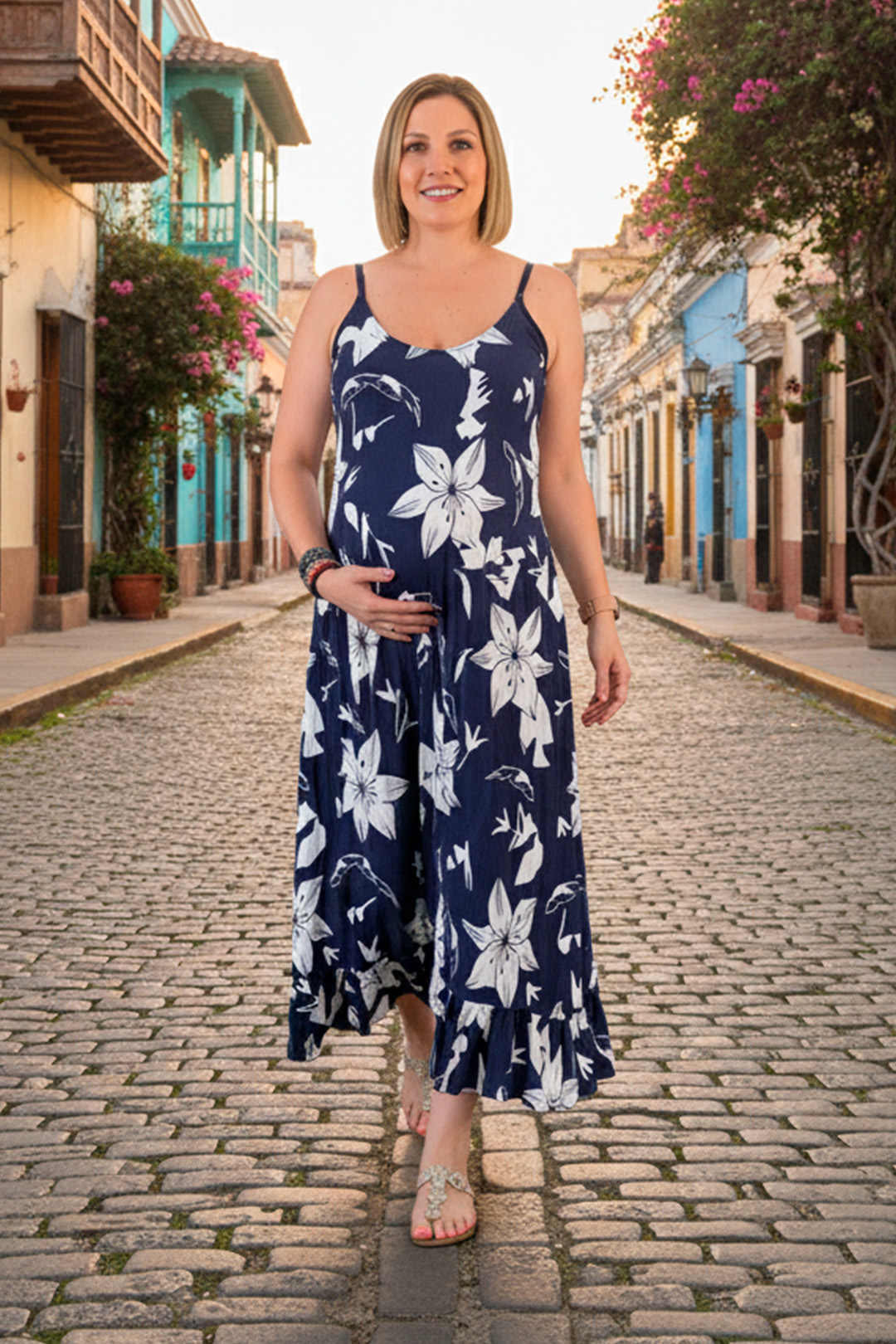 Vestido Maternal Tiritas Broche y Top Lactancia, AzulFloreado 16