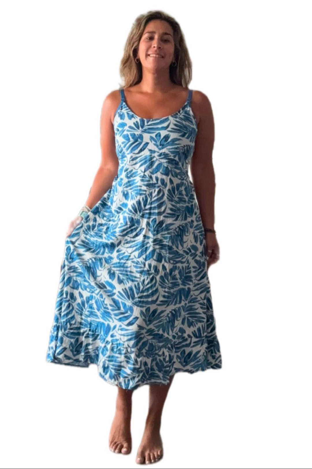 Vestido Maternal Tiritas Broche y Top Lactancia, CelesteFloresBlanco 3