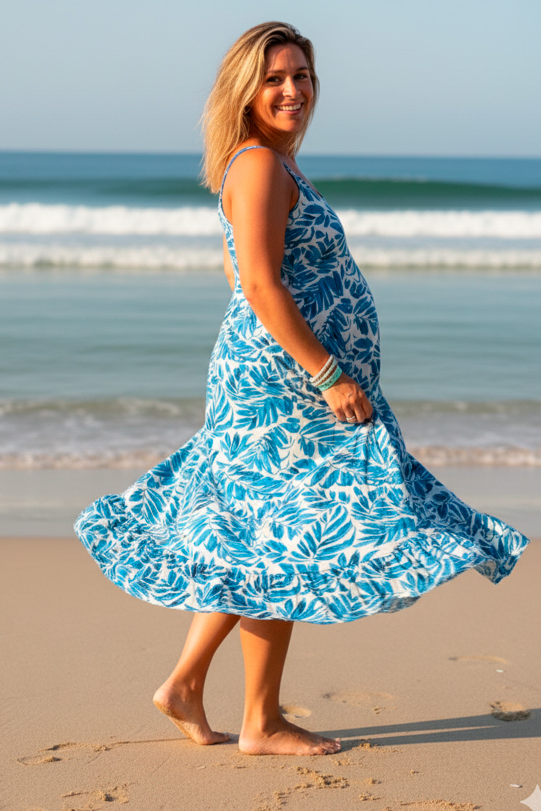 Vestido Maternal Tiritas Broche y Top Lactancia, CelesteFloresBlanco 17