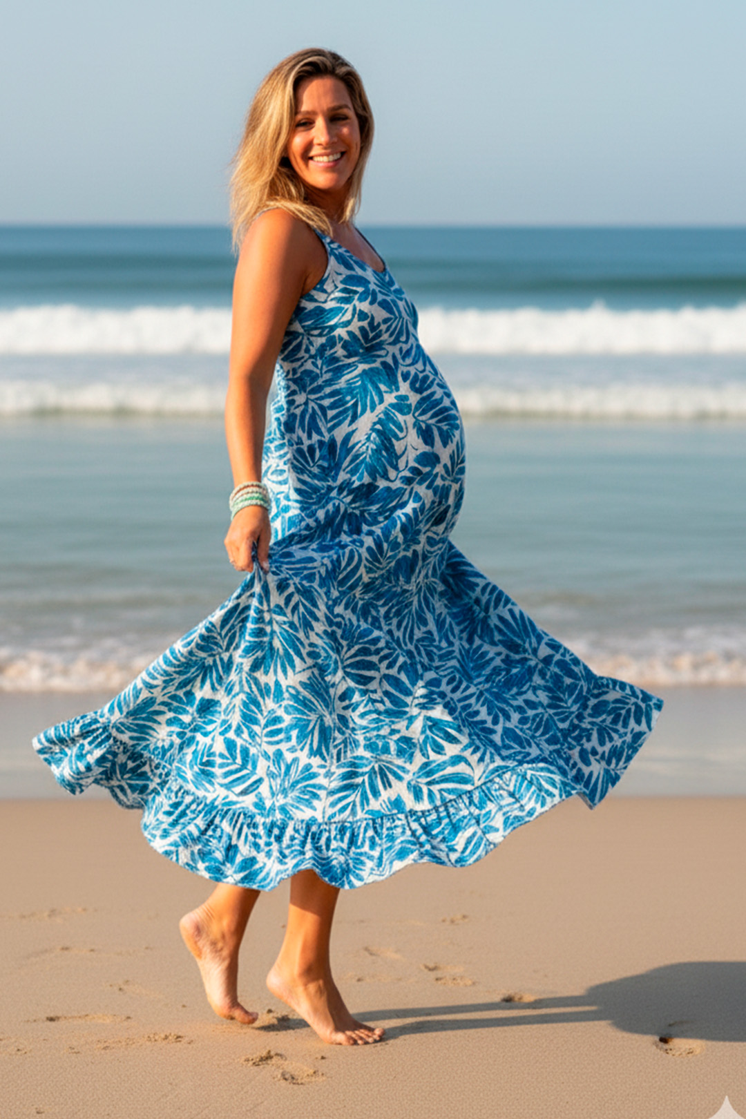 Vestido Maternal Tiritas Broche y Top Lactancia, CelesteFloresBlanco 18