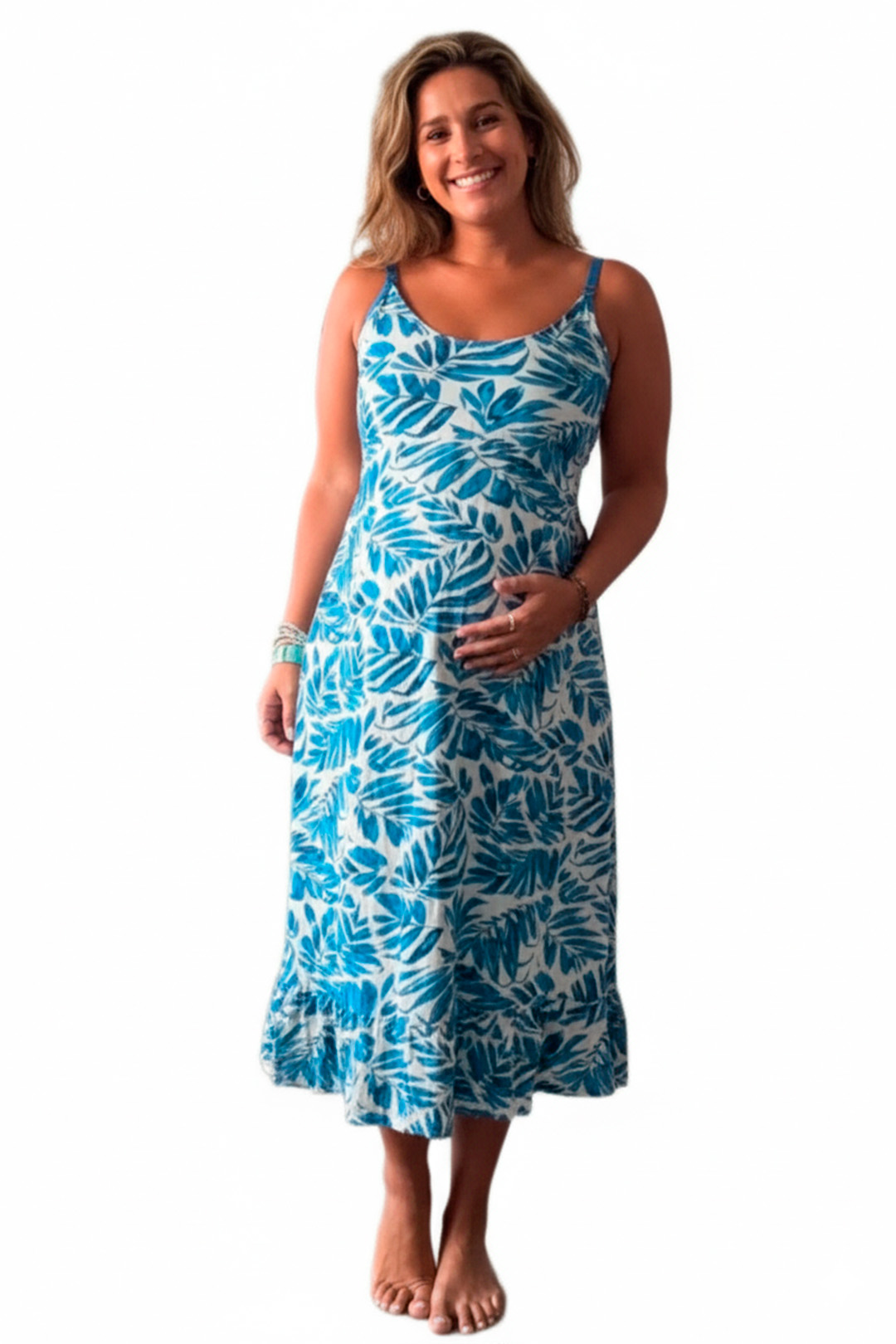 Vestido Maternal Tiritas Broche y Top Lactancia, CelesteFloresBlanco 2