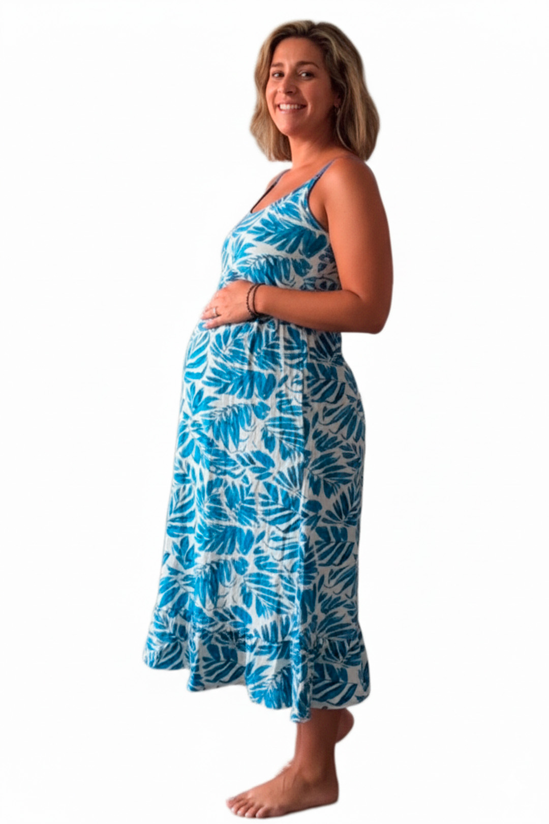 Vestido Maternal Tiritas Broche y Top Lactancia, CelesteFloresBlanco 6