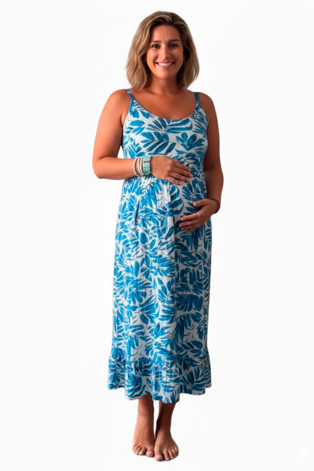 Vestido Maternal Tiritas Broche y Top Lactancia, CelesteFloresBlanco 5