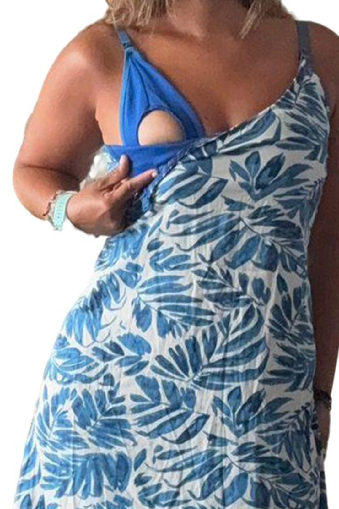 Vestido Maternal Tiritas Broche y Top Lactancia, CelesteFloresBlanco 11