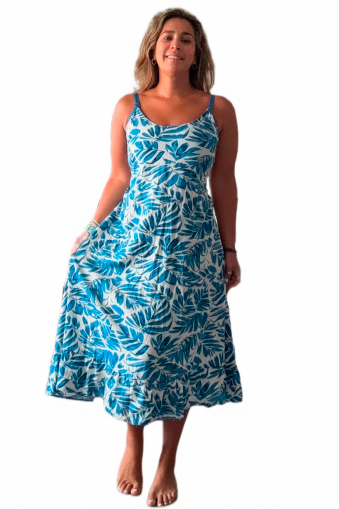 Vestido Maternal Tiritas Broche y Top Lactancia, CelesteFloresBlanco 7