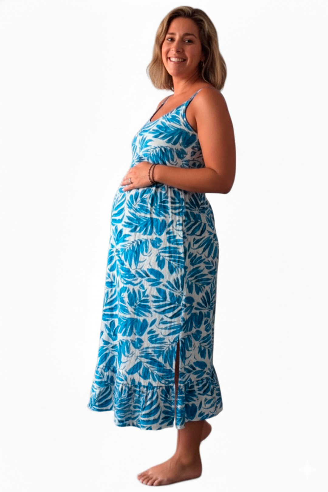 Vestido Maternal Tiritas Broche y Top Lactancia, CelesteFloresBlanco 9