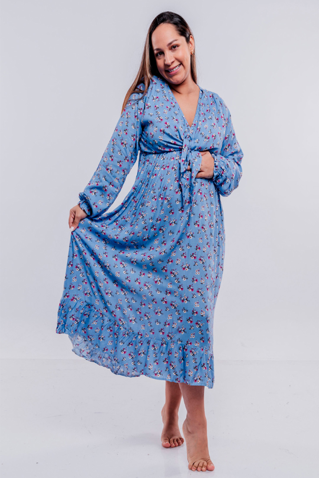 Vestido Maternal Lazo, Sistema Lactancia, CelesteFloreado 3