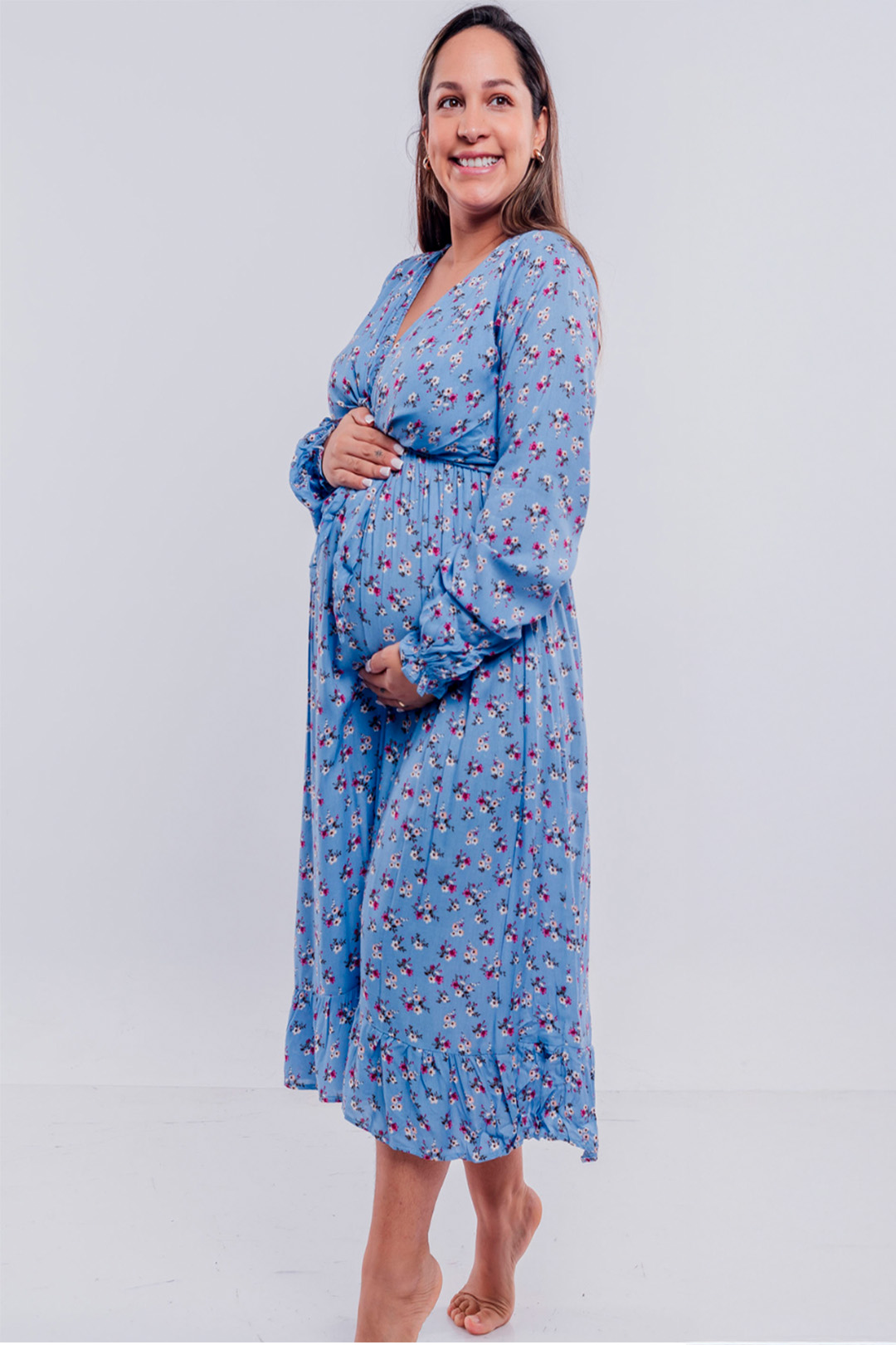 Vestido Maternal Lazo, Sistema Lactancia, CelesteFloreado 6