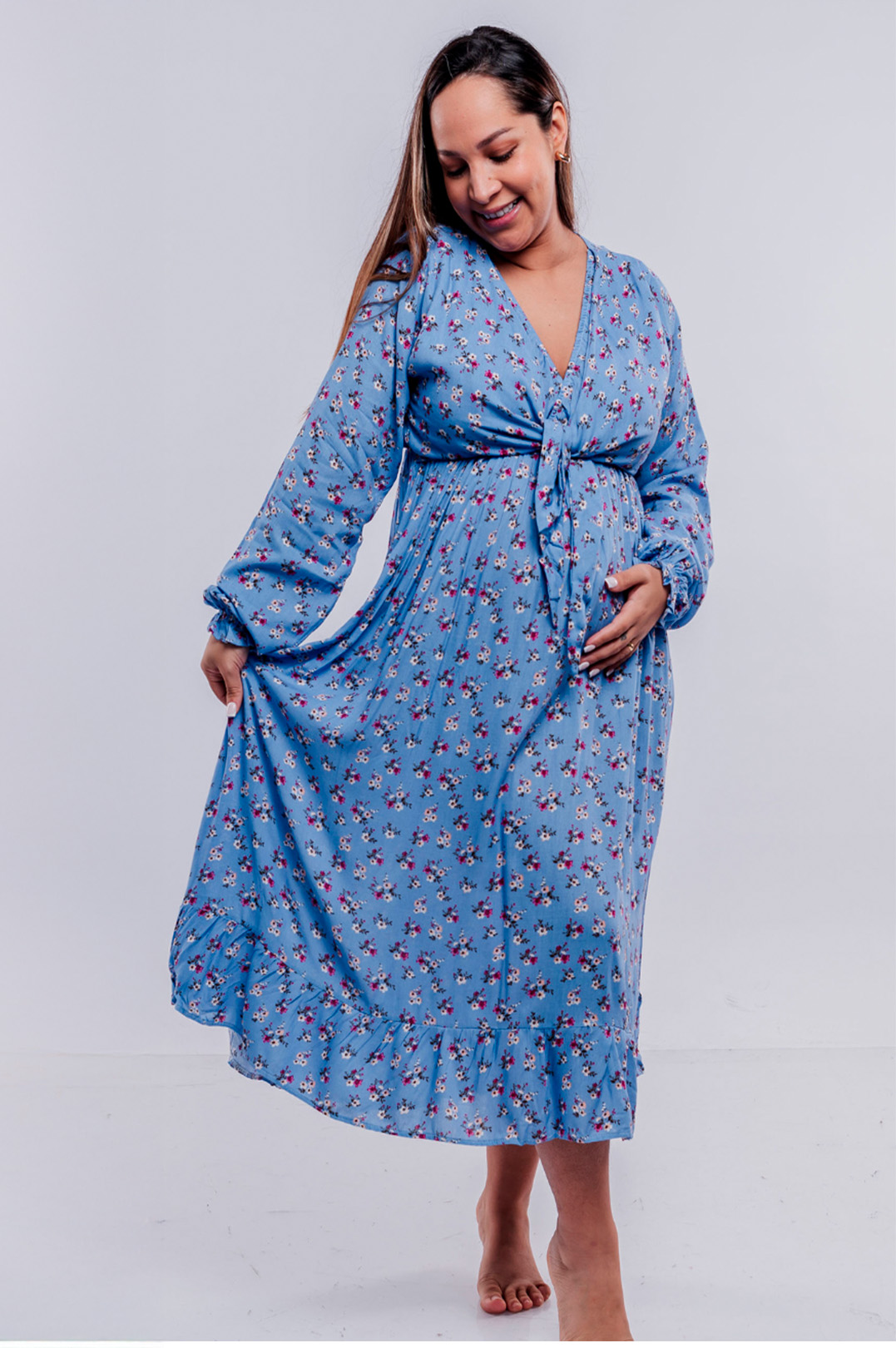 Vestido Maternal Lazo, Sistema Lactancia, CelesteFloreado 13