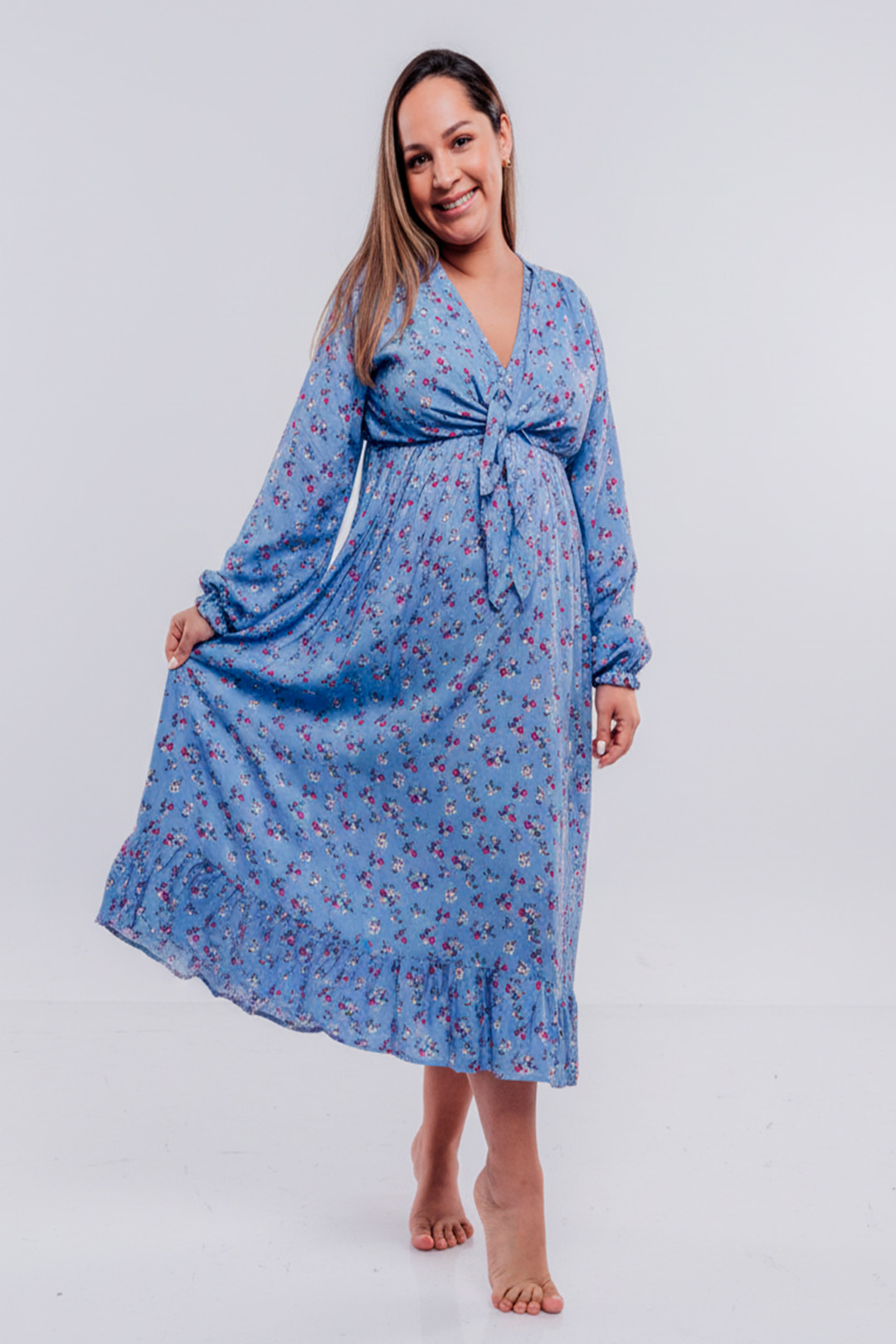 Vestido Maternal Lazo, Sistema Lactancia, CelesteFloreado 14