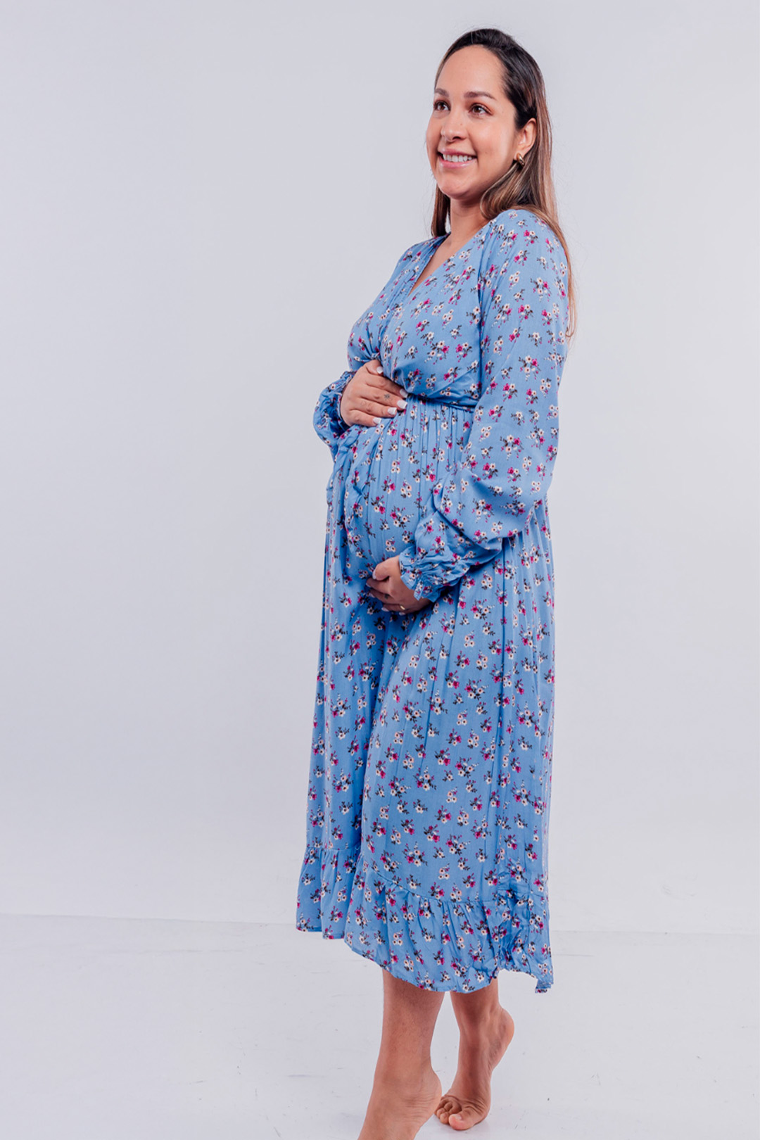 Vestido Maternal Lazo, Sistema Lactancia, CelesteFloreado 9