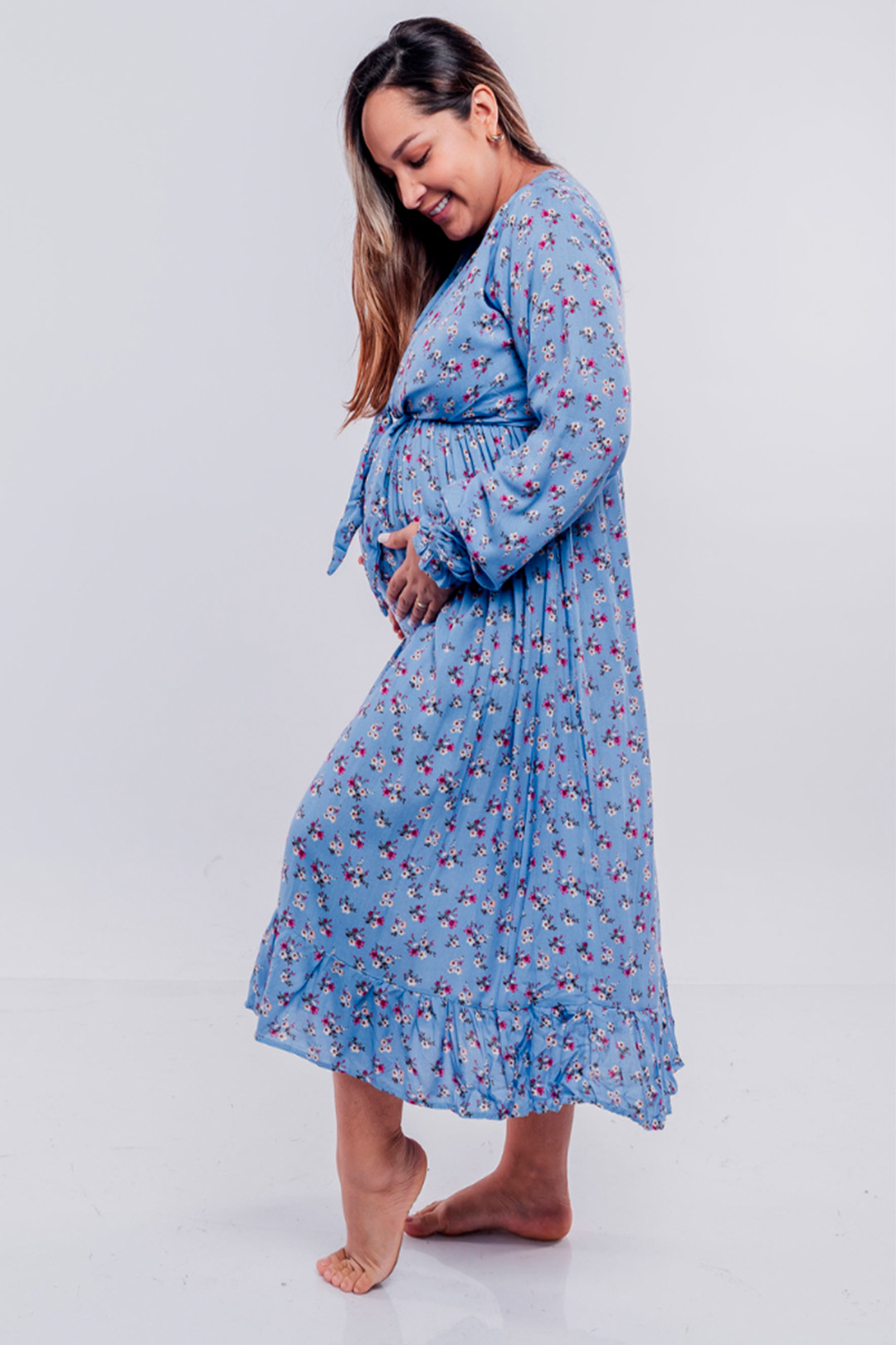 Vestido Maternal Lazo, Sistema Lactancia, CelesteFloreado 10