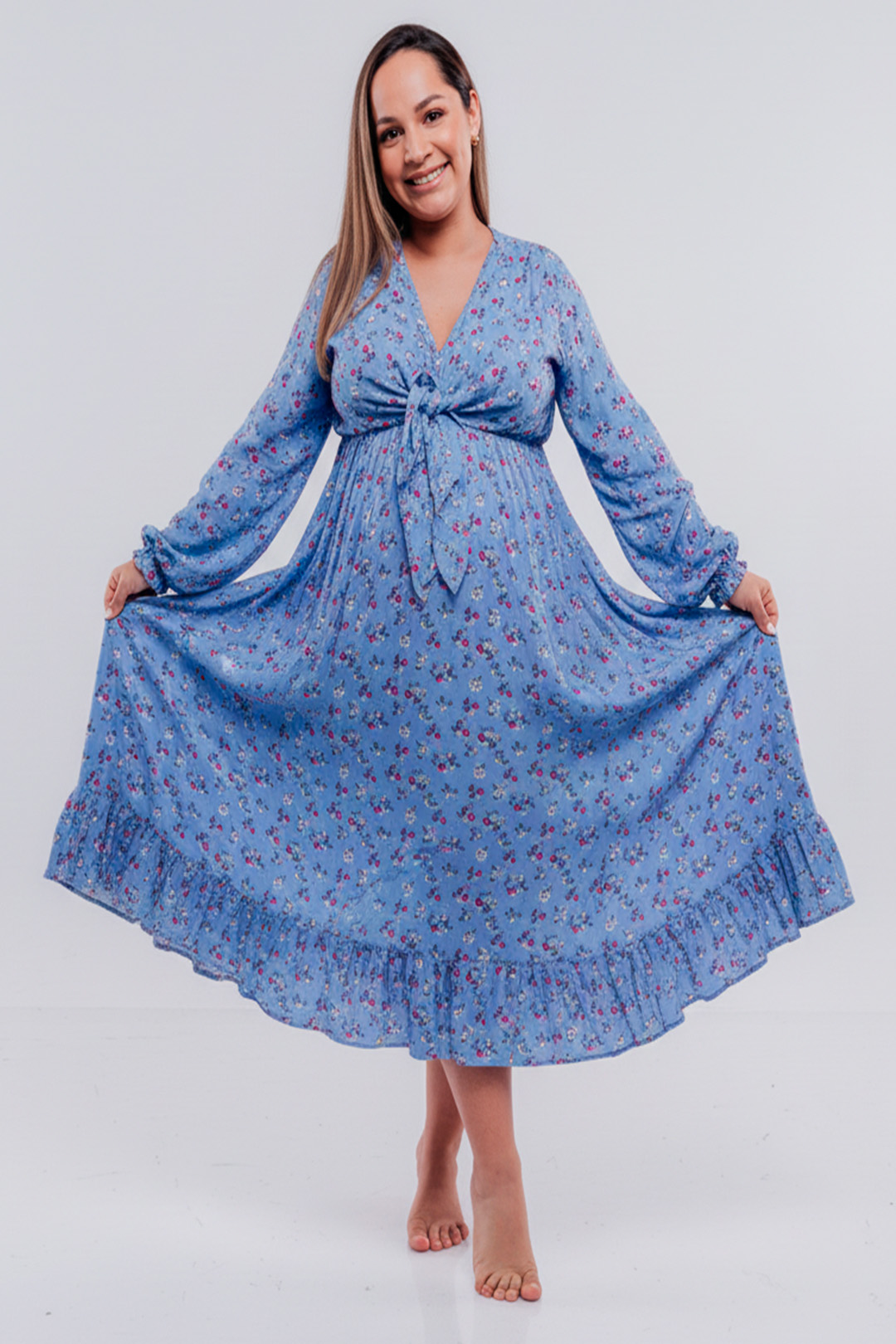 Vestido Maternal Lazo, Sistema Lactancia, CelesteFloreado 15