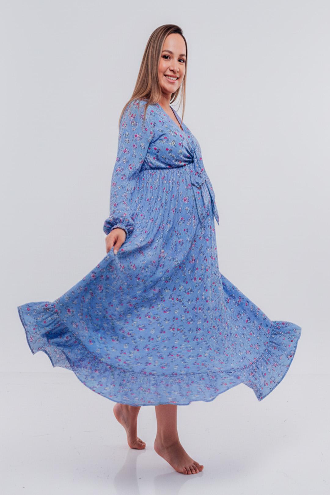 Vestido Maternal Lazo, Sistema Lactancia, CelesteFloreado 19