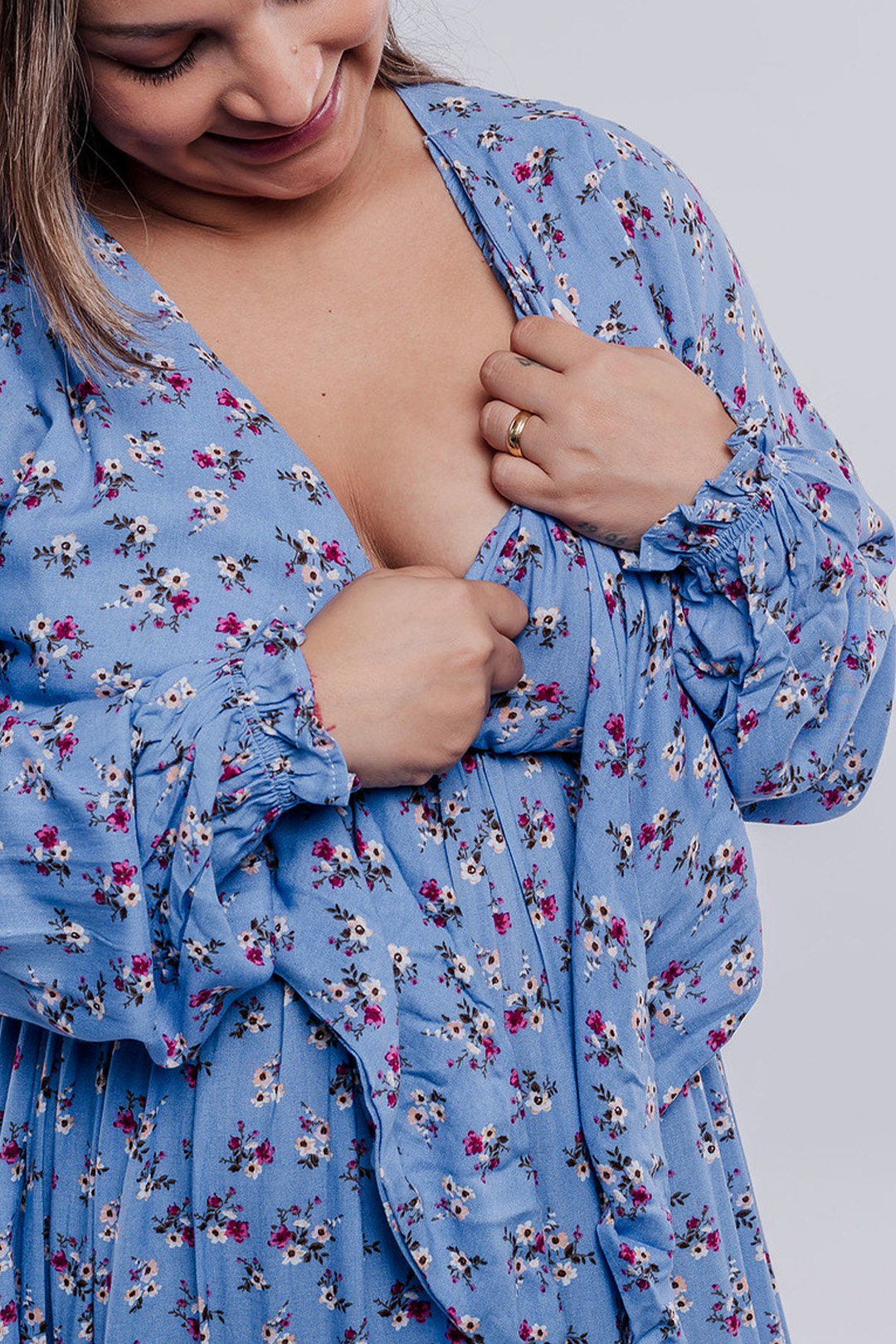 Vestido Maternal Lazo, Sistema Lactancia, CelesteFloreado 17