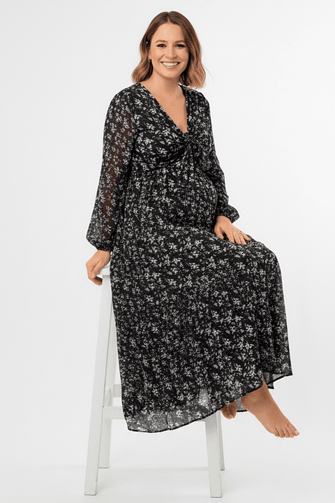 Vestido Maternal Lazo Estructural - Negro Floreado
