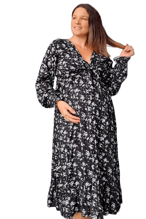 Vestido Maternal Lazo Estructural - Negro Floreado